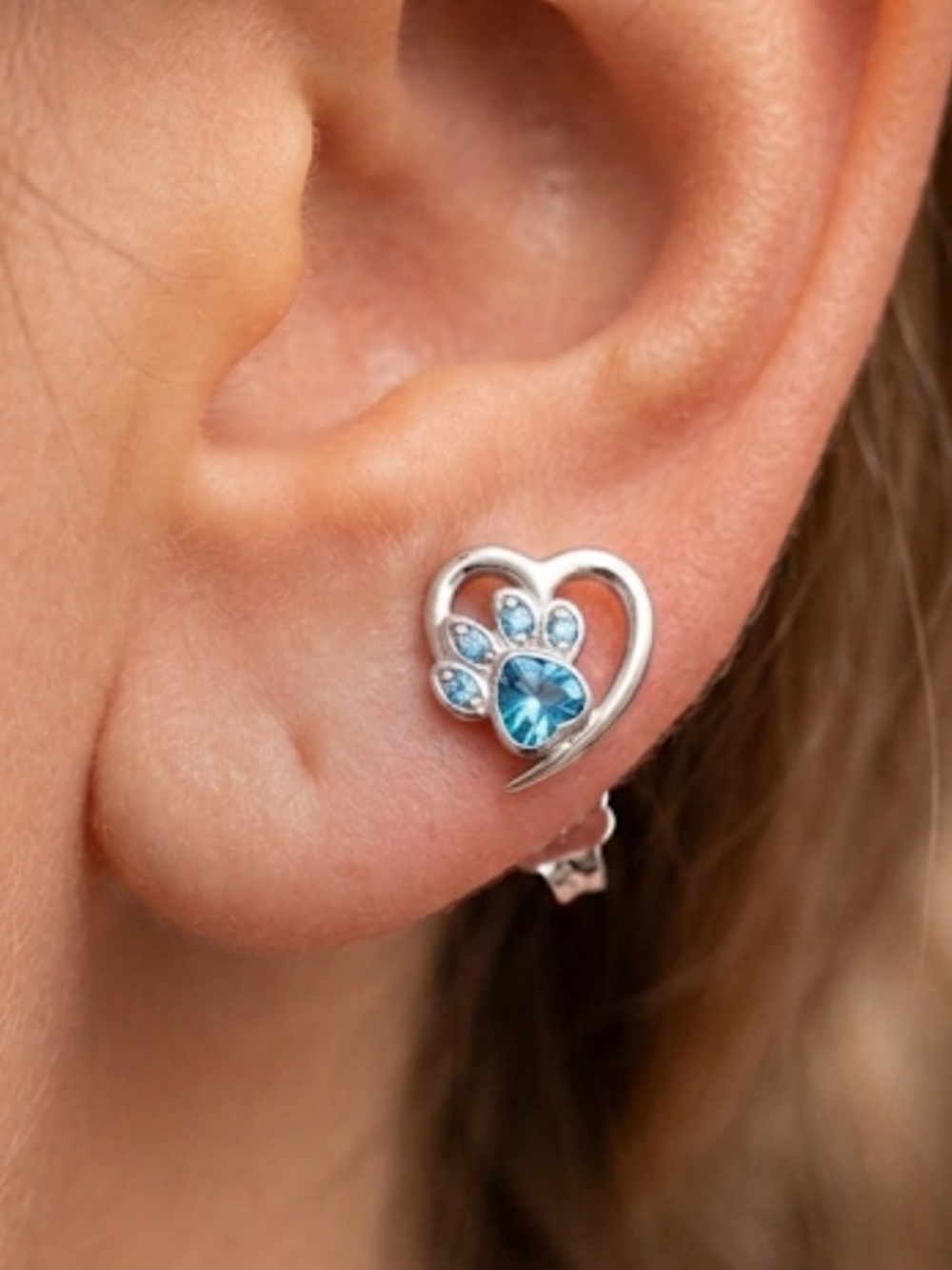 Silver Heart Paw Print Stud Earrings Blue Rhinestone Crystal Animal Lover